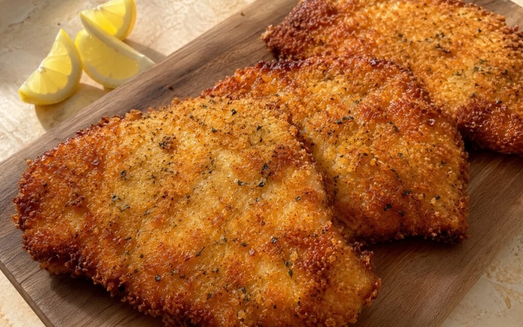 Golden fried chicken cutlets with crispy Parmesan breadcrumb coating served with lemon wedges