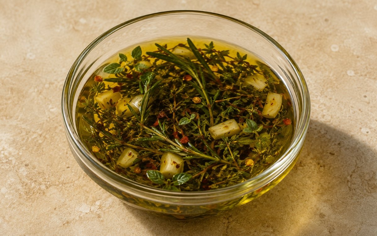 Italian herb olive oil in a white bowl showing golden oil with visible herb flecks of rosemary, thyme, and oregano