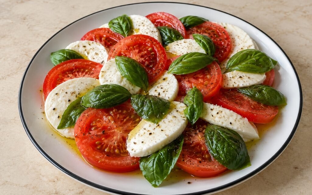 Italian tomato basil salad with fresh mozzarella slices arranged on white platter