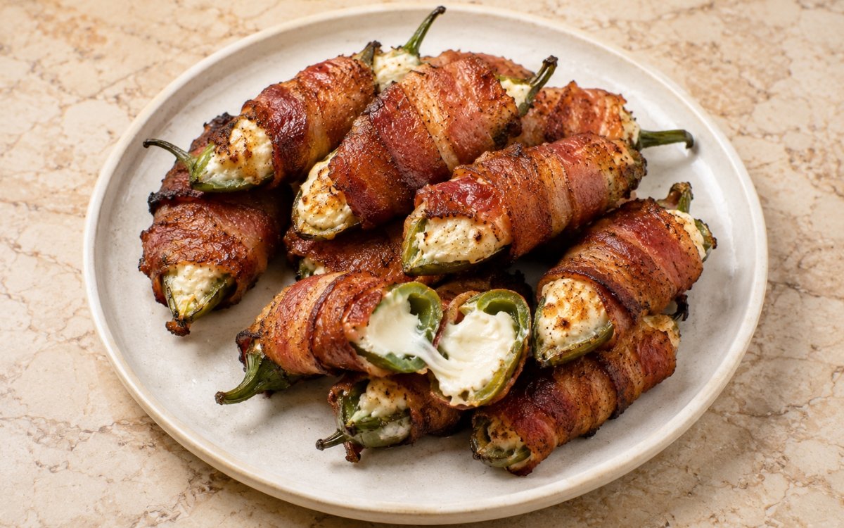 Bacon-wrapped jalapeño poppers on a wire rack showing crispy rendered bacon and molten creamy cheddar-cream cheese filling on marble surface