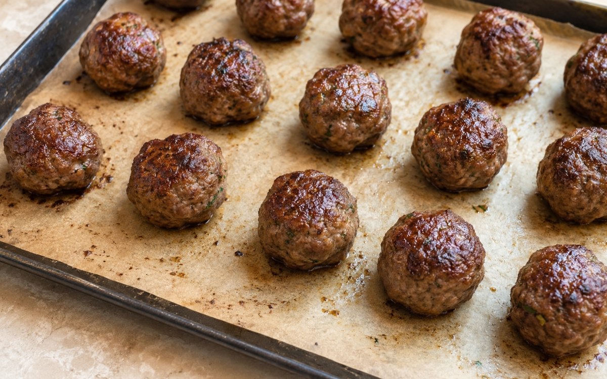 Juicy beef meatballs with a browned exterior on a baking sheet
