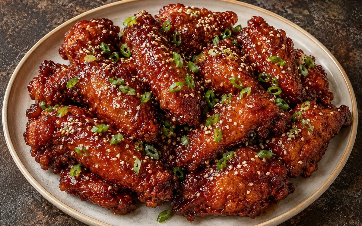 crispy korean bbq wings glazed with sweet and spicy gochujang sauce and sesame seeds