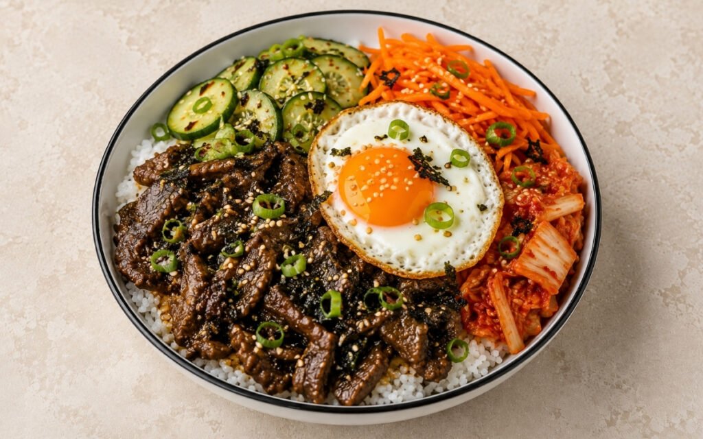 Korean beef bulgogi bowl with caramelized ribeye slices over short-grain rice with pickled cucumber, julienned carrots, kimchi, fried egg with runny yolk, scallions, sesame seeds and nori in a white ceramic bowl with black rim