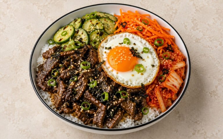 Korean beef bulgogi bowl with caramelized ribeye slices over short-grain rice with pickled cucumber, julienned carrots, kimchi, fried egg with runny yolk, scallions, sesame seeds and nori in a white ceramic bowl with black rim