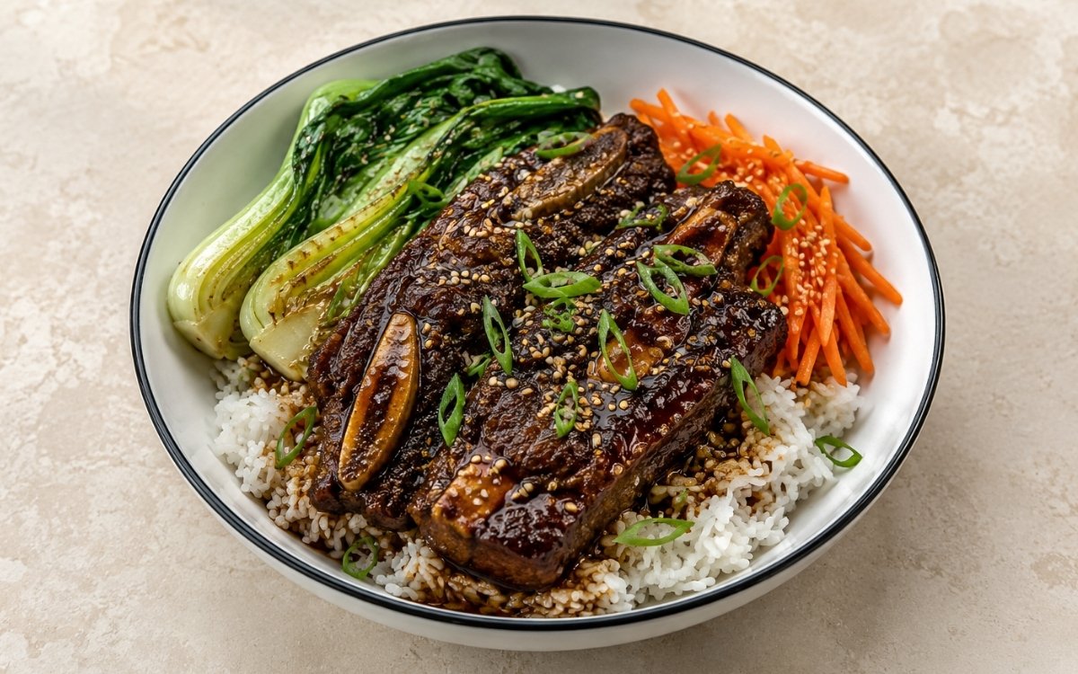 Korean braised beef short rib rice bowl with mahogany-brown bone-in short ribs in dark braising sauce over jasmine rice with baby bok choy, julienned carrots, scallions and sesame seeds in a white ceramic bowl with black rim