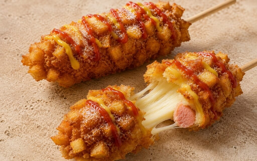 Korean corn dogs on a wire rack showing deeply golden potato-panko crusted corn dogs with gochujang sauce drizzled in a zigzag pattern, one broken open showing stretchy mozzarella pull on marble surface