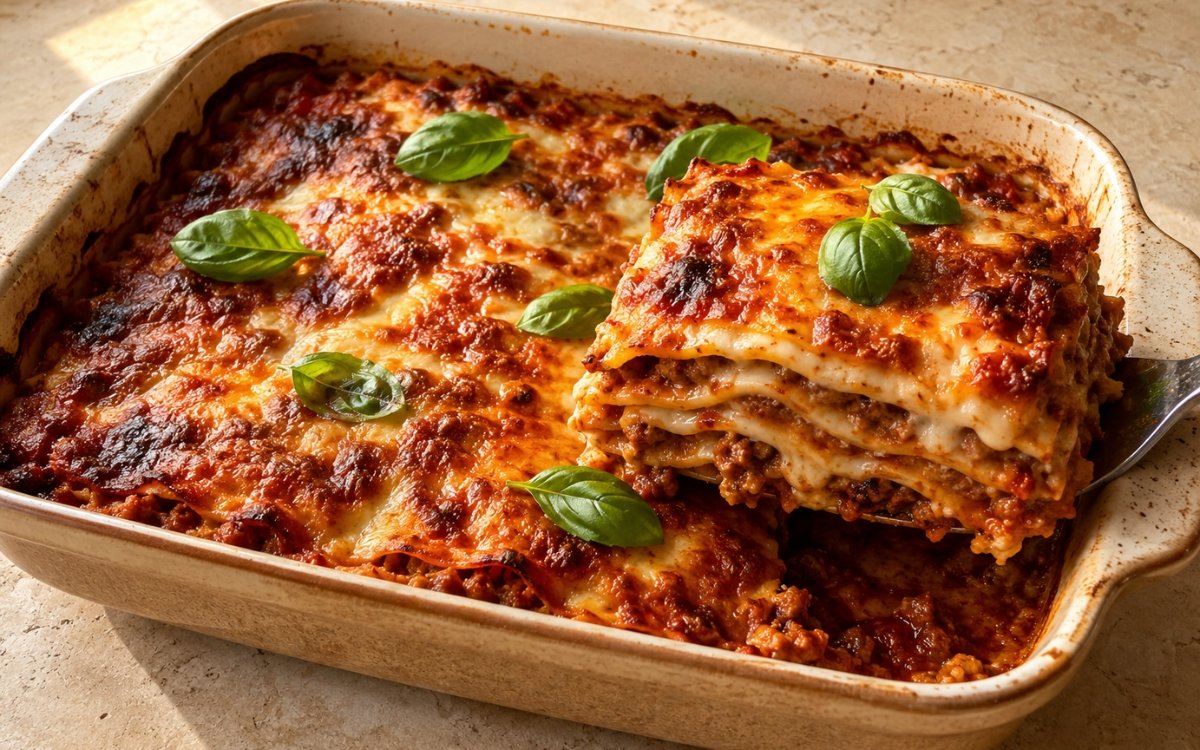 45-degree angle in a warm ceramic baking dish on a warm beige marble surface. Classic lasagne with visible layers at the cut edge — pasta sheets, rich mahogany beef ragù, creamy béchamel and melted cheese, the top layer deeply golden-brown and bubbling with browned cheese. One portion lifted slightly showing the defined layers. Fresh basil scattered. Warm afternoon natural light, the bubbling golden top and layered cross-section the visual.