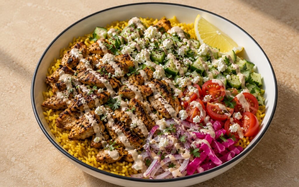 Lebanese chicken shawarma rice bowl with spice-crusted chicken over turmeric basmati rice, cucumber, cherry tomatoes, red onion, tahini, pickled turnips, sumac, feta and parsley in a white ceramic bowl with black rim
