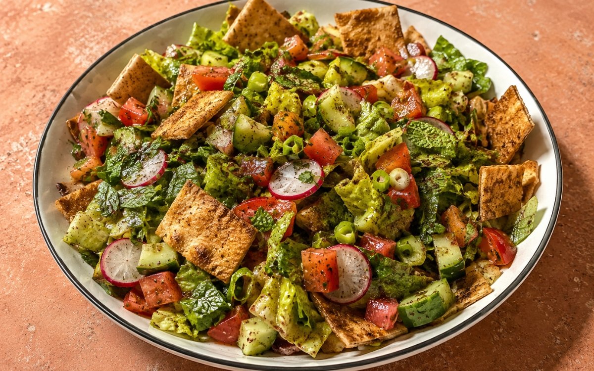 Colorful Lebanese fattoush salad in a white bowl with crispy pita chips, fresh vegetables, and sumac dressing