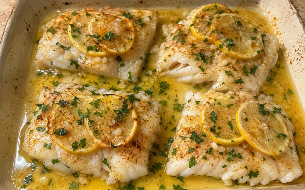 Lemon butter baked cod fillets with lemon slices garnished with fresh parsley