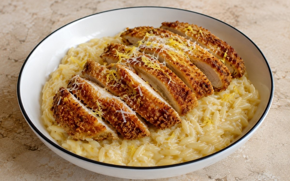 Lemon chicken cutlet orzo in a wide white bowl showing creamy yellow-tinted orzo with sliced golden crispy cutlet strips fanned over the top, Parmesan, and lemon zest on marble surface