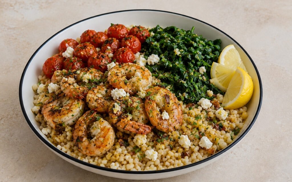 Lemon garlic shrimp couscous bowl with seared shrimp over pearl couscous, blistered cherry tomatoes, wilted spinach, lemon-olive oil dressing, crumbled feta and fresh herbs in a white ceramic bowl with black rim