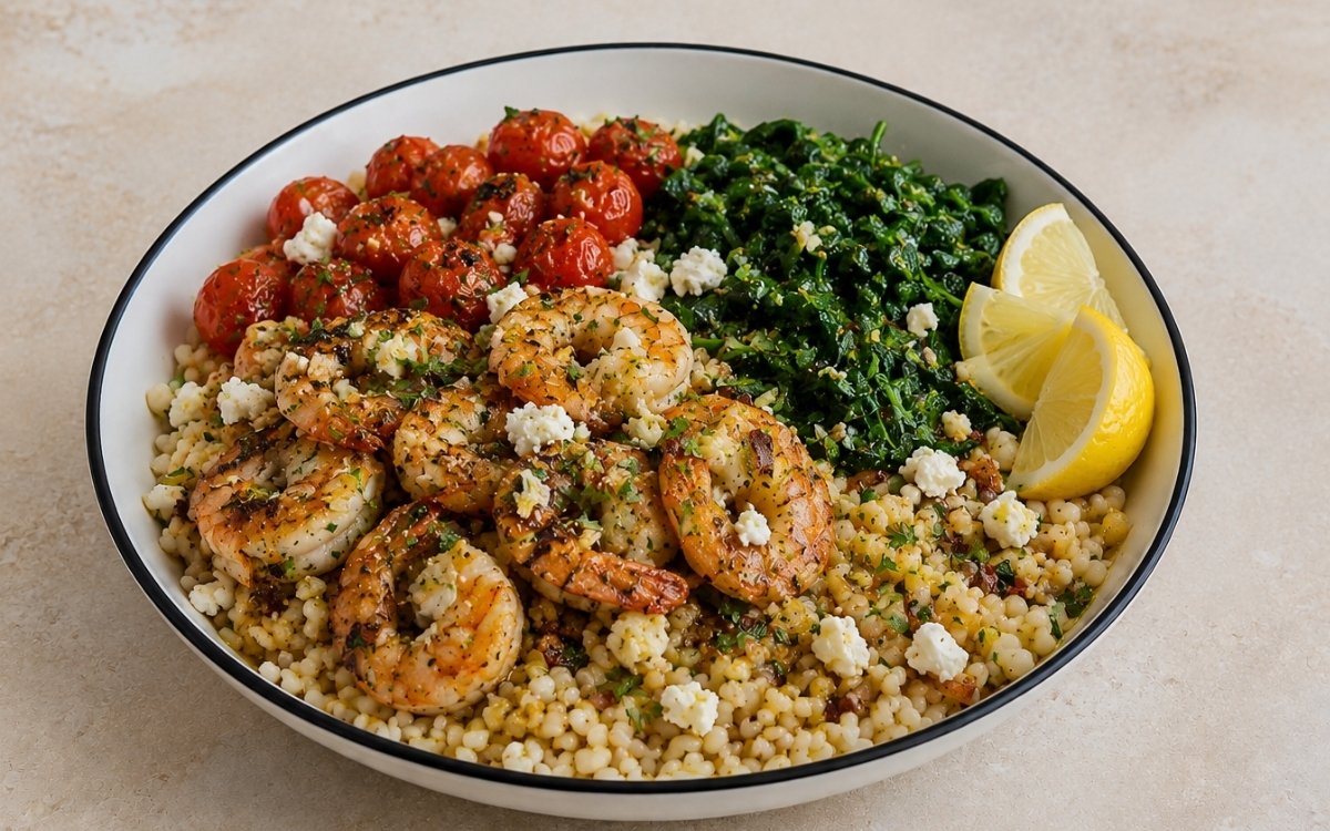 Lemon garlic shrimp couscous bowl with seared shrimp over pearl couscous, blistered cherry tomatoes, wilted spinach, lemon-olive oil dressing, crumbled feta and fresh herbs in a white ceramic bowl with black rim