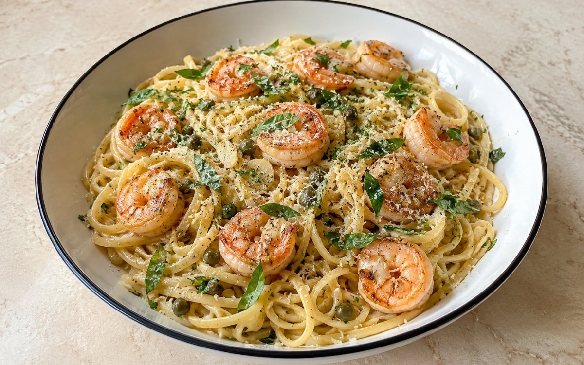 Lemon garlic shrimp pasta with linguine in glossy lemon-butter sauce, pink seared shrimp, sliced garlic, capers, fresh parsley, torn basil, Parmigiano-Reggiano and black pepper in a white ceramic bowl with black rim