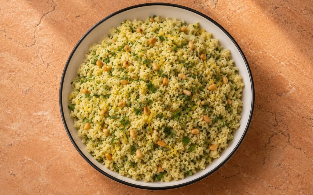 Lemon herb couscous fluffy and garnished with fresh herbs and toasted pine nuts