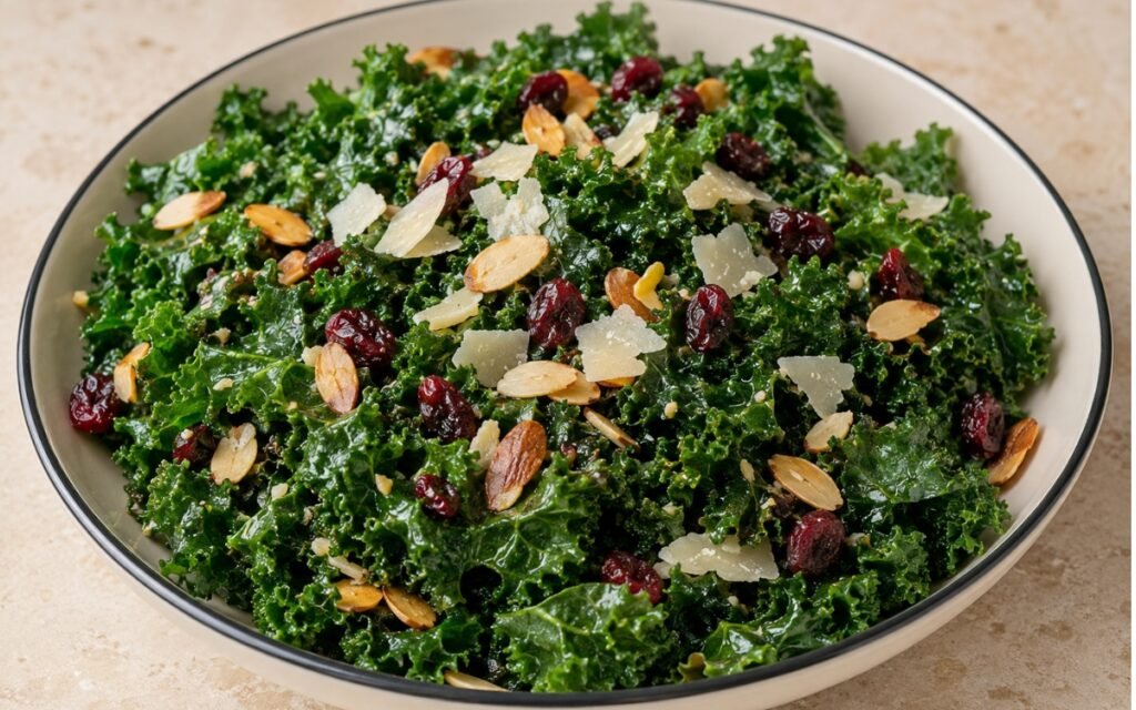 Bowl of lemon Parmesan kale salad with shaved cheese, toasted almonds, and cranberries