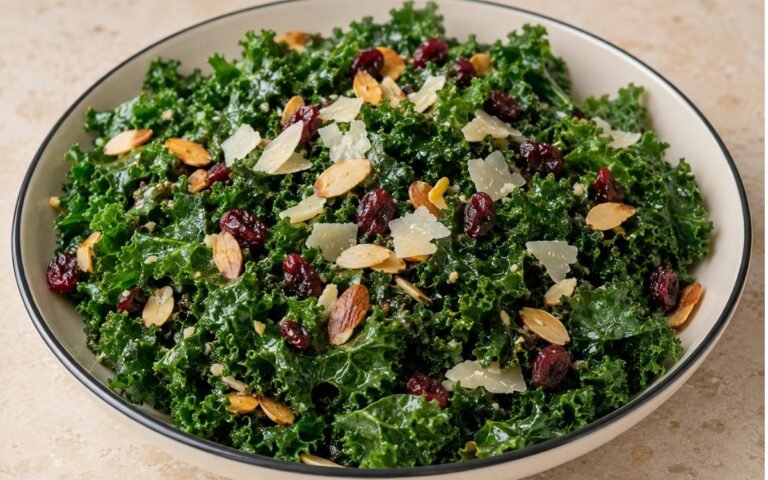 Bowl of lemon Parmesan kale salad with shaved cheese, toasted almonds, and cranberries