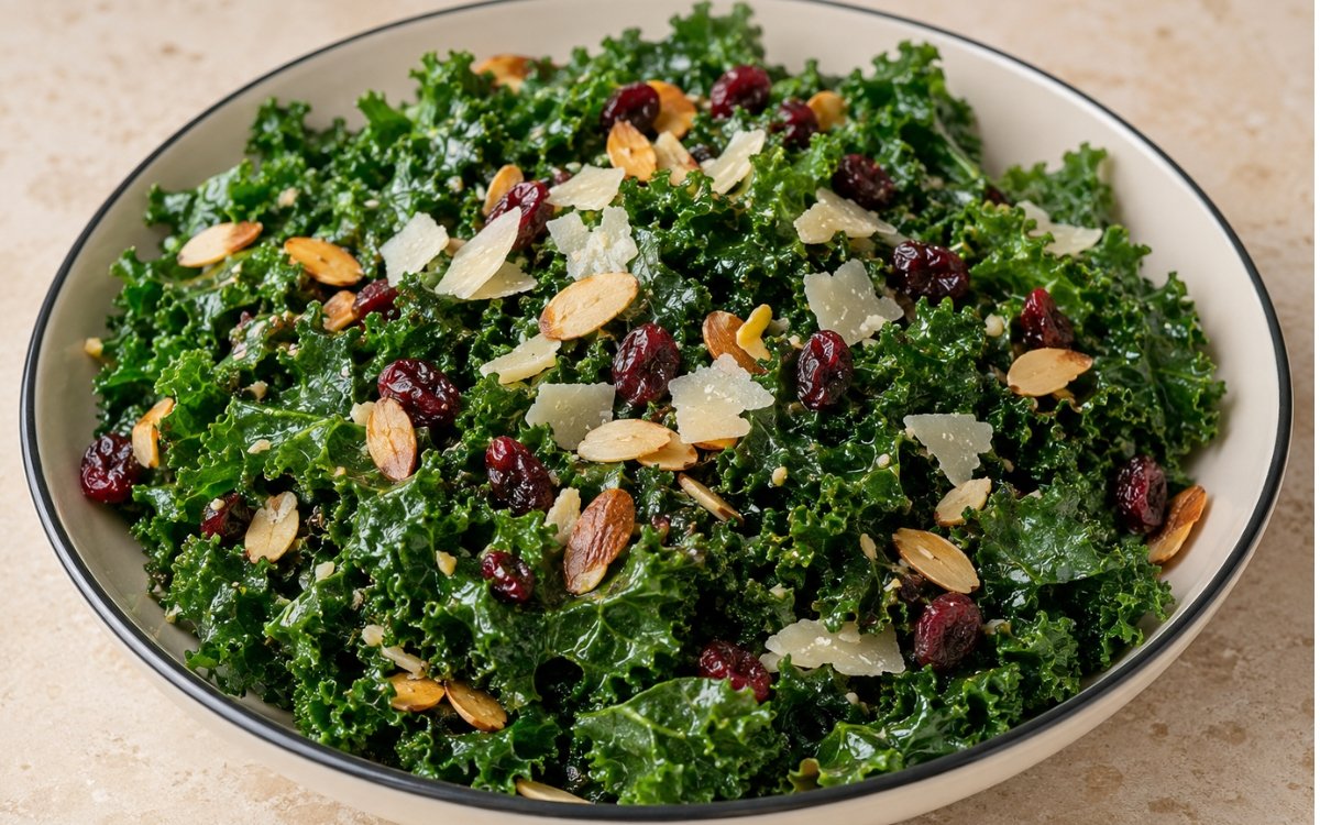 Bowl of lemon Parmesan kale salad with shaved cheese, toasted almonds, and cranberries