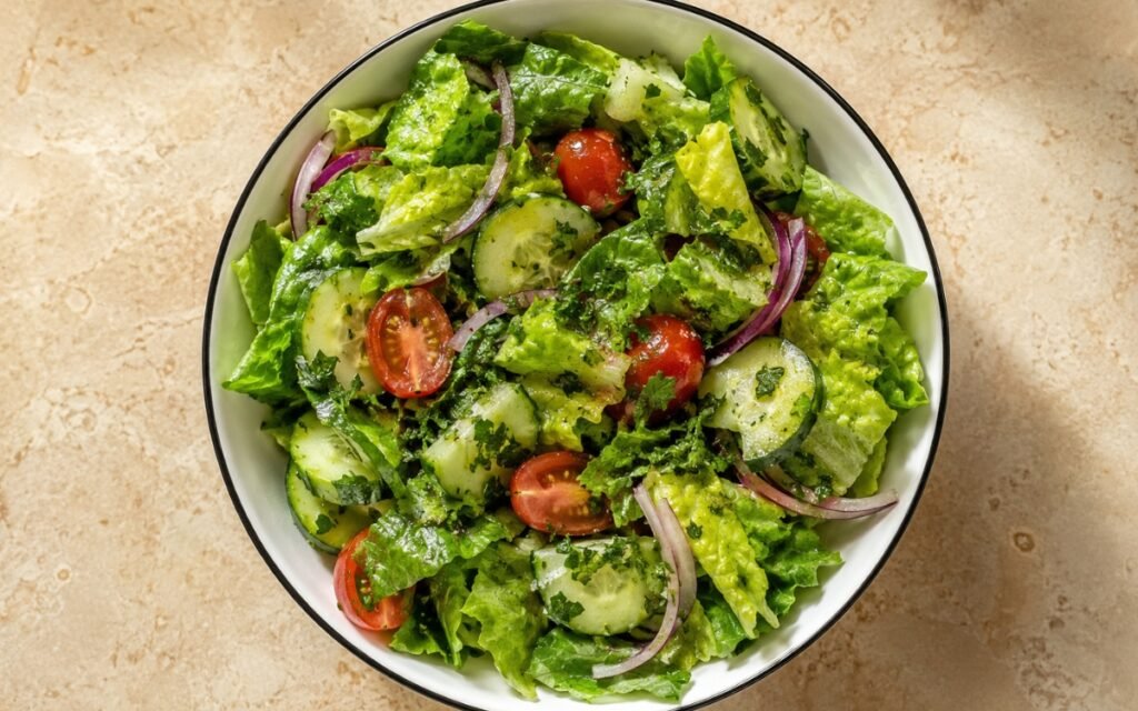Bowl of lemon parsley side salad with romaine lettuce, cucumber, tomatoes, and red onion