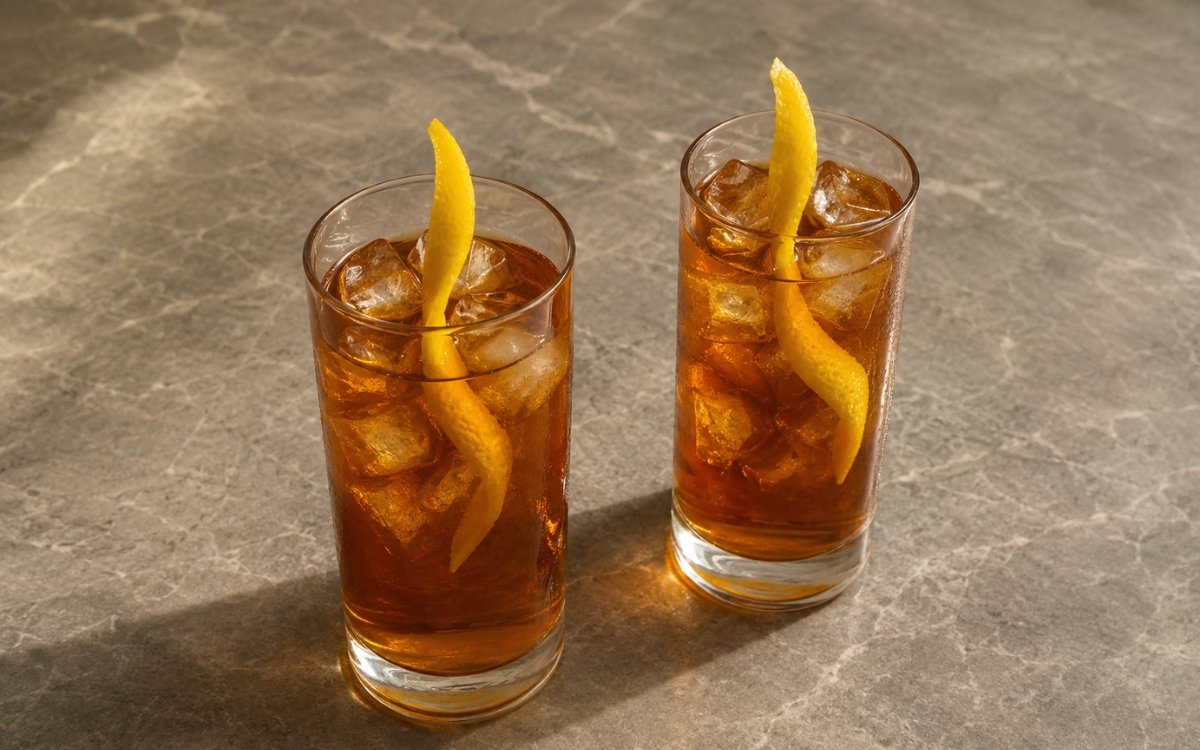 Lemon peel black iced tea in a tall glass showing clear amber still drink over ice with lemon peel twists on marble surface