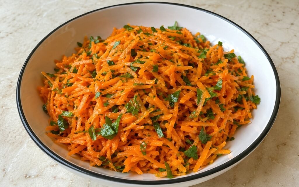 Light carrot lemon salad with shredded carrots, fresh herbs, and bright lemon dressing in a white bowl