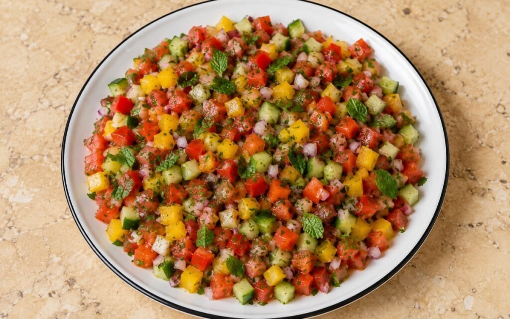 Colorful chopped vegetable salad with diced cucumbers, tomatoes, bell peppers, and fresh herbs in a white bowl