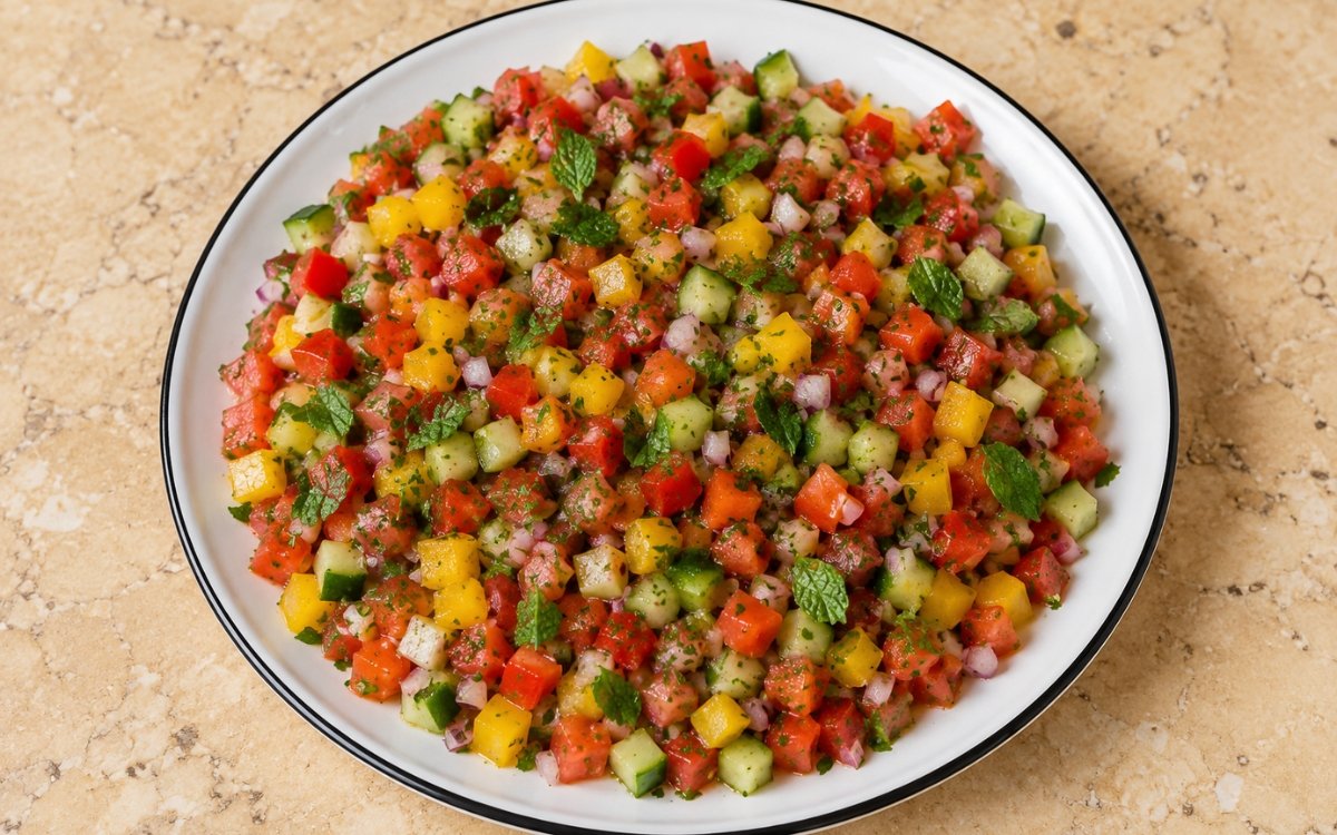 Colorful chopped vegetable salad with diced cucumbers, tomatoes, bell peppers, and fresh herbs in a white bowl