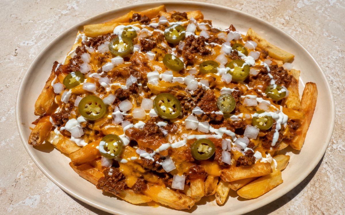 Tray of loaded chili cheese fries showing crispy golden fries topped with dark beef chili, melted cheese, diced onion, pickled jalapeños, and sour cream drizzle on marble surface