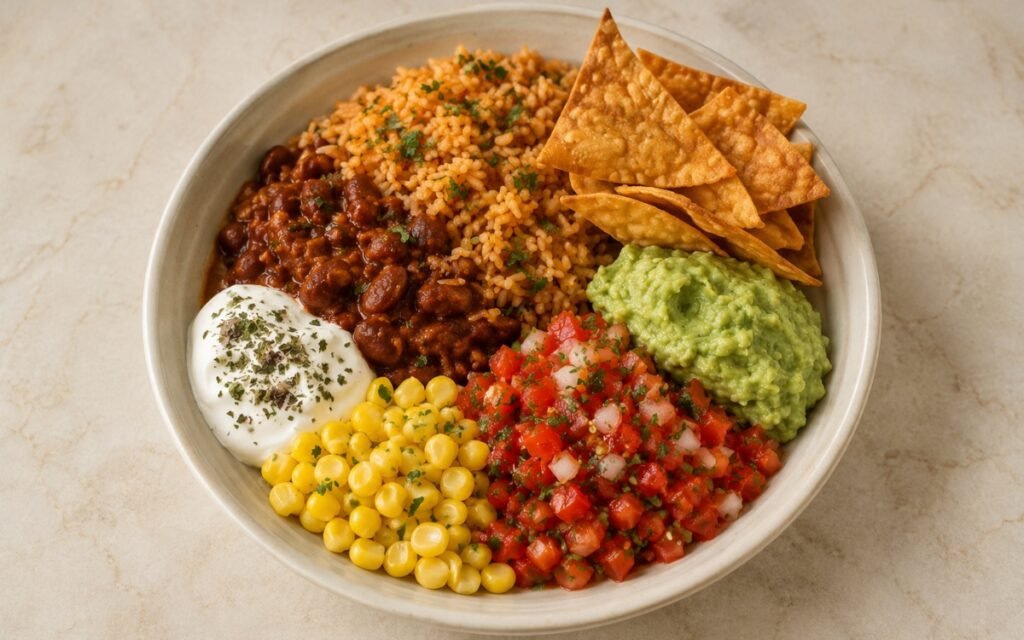 Loaded Mexican taco bowl showing sectioned tomato rice, chipotle red beans, pico de gallo, sweet corn, guacamole, sour cream, and crispy tortilla chips on marble surface