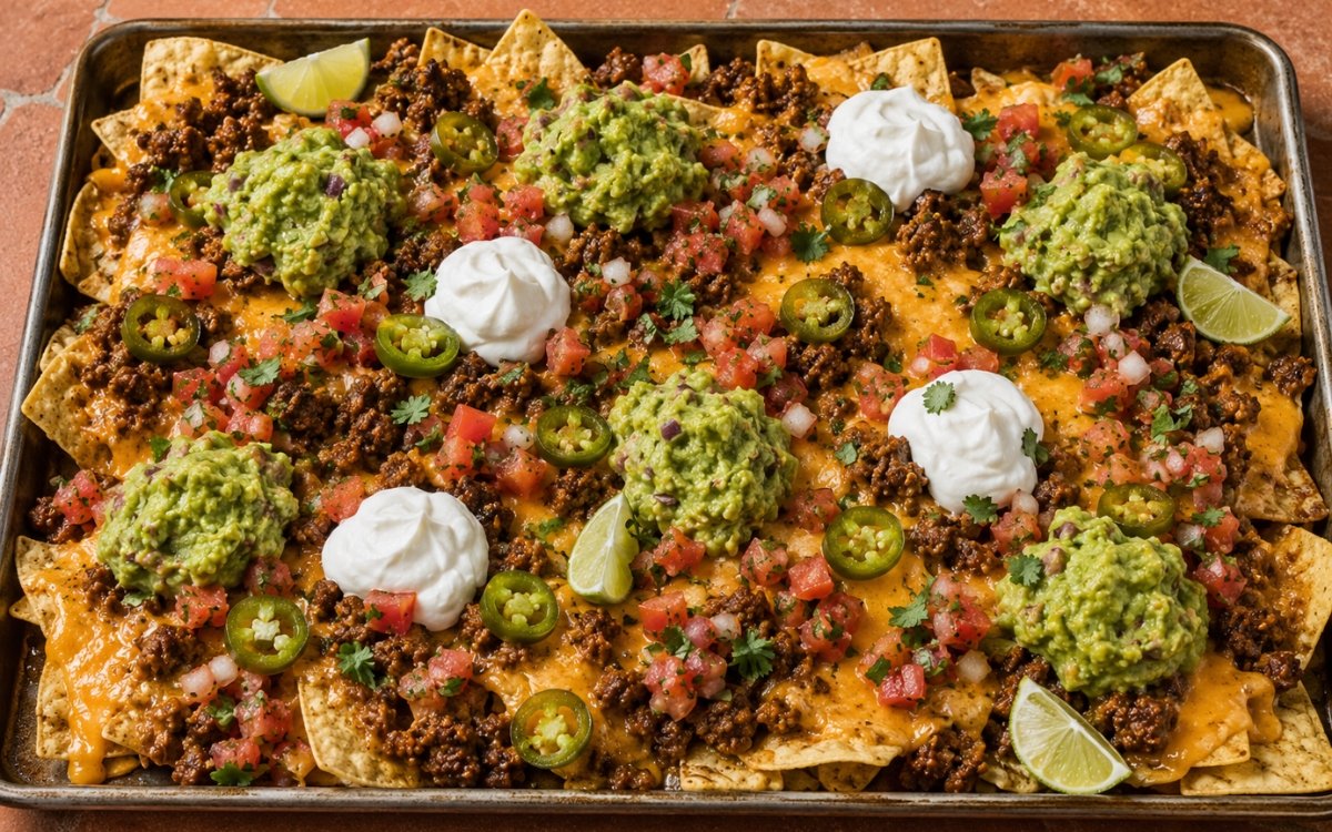Tray of loaded nachos showing crisp tortilla chips topped with melted cheese, seasoned ground beef, pico de gallo, guacamole, sour cream, and jalapeño slices on marble surface