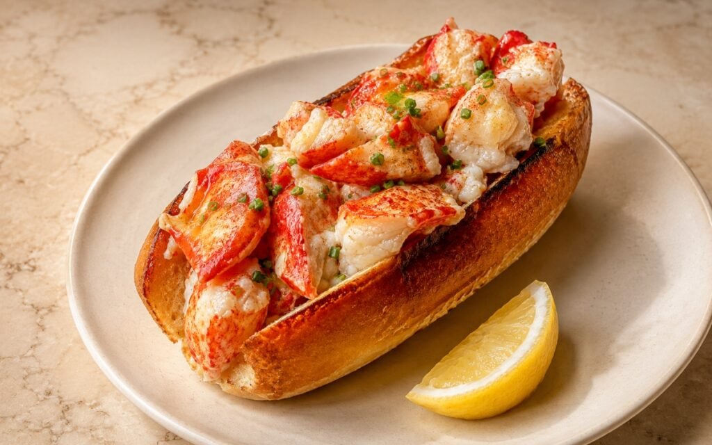 Connecticut-style lobster roll showing generous chunks of warm buttery lobster meat in a golden griddled split-top brioche bun, garnished with chives and a lemon wedge on marble surface