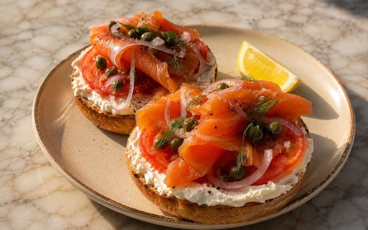 Lox and cream cheese bagel open-face on marble surface showing toasted bagel half generously schmeared with whipped cream cheese, layered with silky nova lox, salted tomato slices, paper-thin red onion, fresh dill fronds, capers, and a crack of black pepper