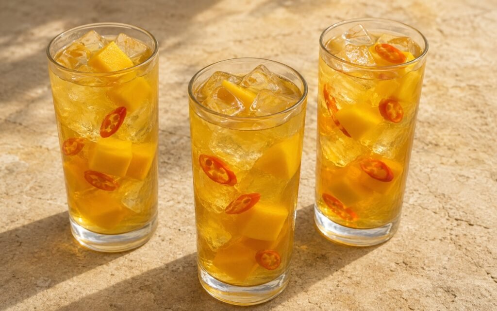 Mango iced green tea in a tall glass showing pale golden still drink over ice with fresh mango cubes and a thin chili slice on marble surface