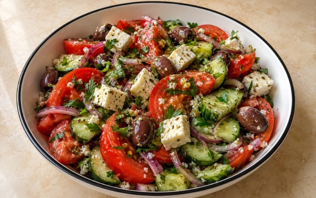 Mediterranean salad with tomatoes, cucumbers, feta cheese, and Kalamata olives in white bowl
