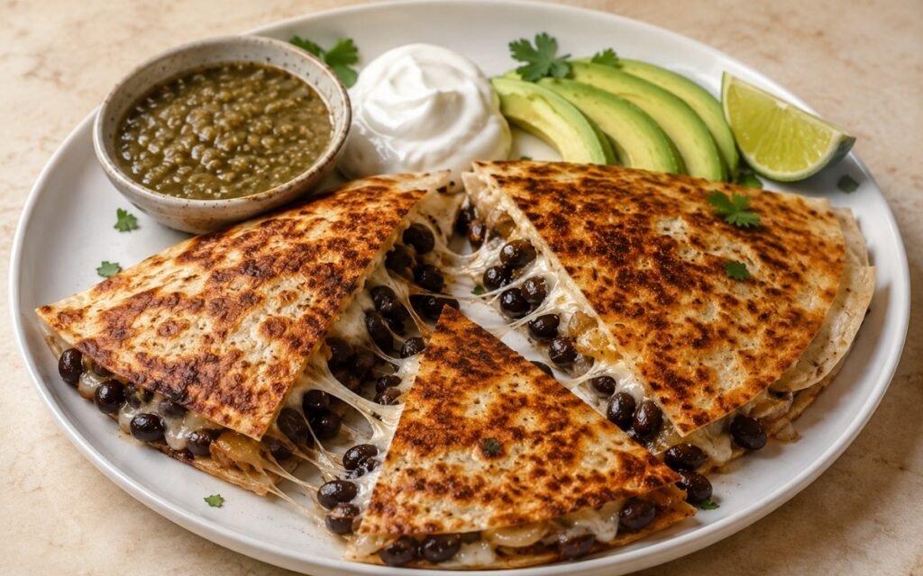 Sliced black bean and cheese quesadilla wedges showing golden-brown blistered tortilla with melted cheese pull, black beans, and caramelised onion, beside salsa verde, sour cream, and fanned avocado on marble surface