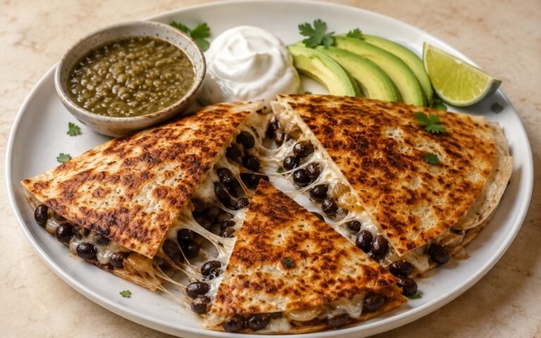 Sliced black bean and cheese quesadilla wedges showing golden-brown blistered tortilla with melted cheese pull, black beans, and caramelised onion, beside salsa verde, sour cream, and fanned avocado on marble surface