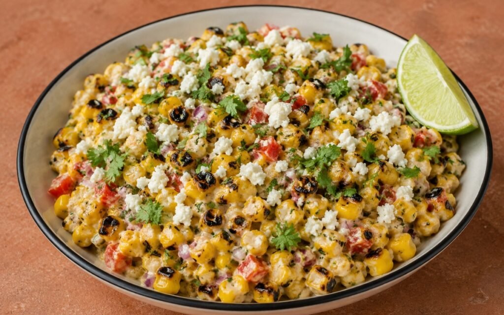 Mexican grilled corn salad in a bowl with charred corn kernels, red peppers, cilantro, and crumbled queso fresco