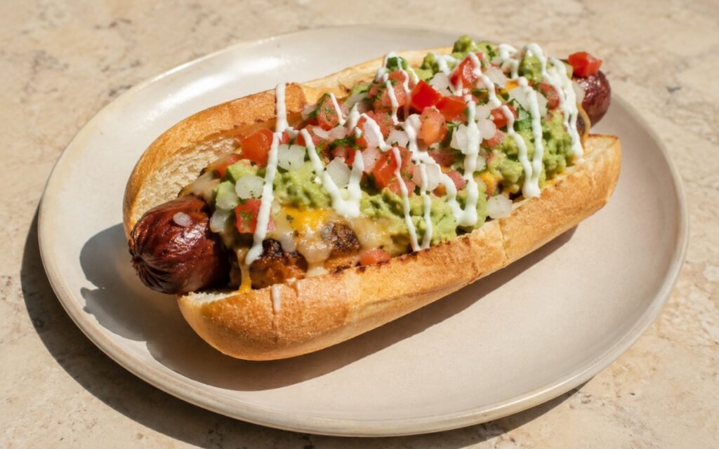 Mexican hot dog showing a crispy bacon-wrapped sausage in a toasted bun topped with melted cheese, guacamole, pico de gallo, and crema drizzle on marble surface