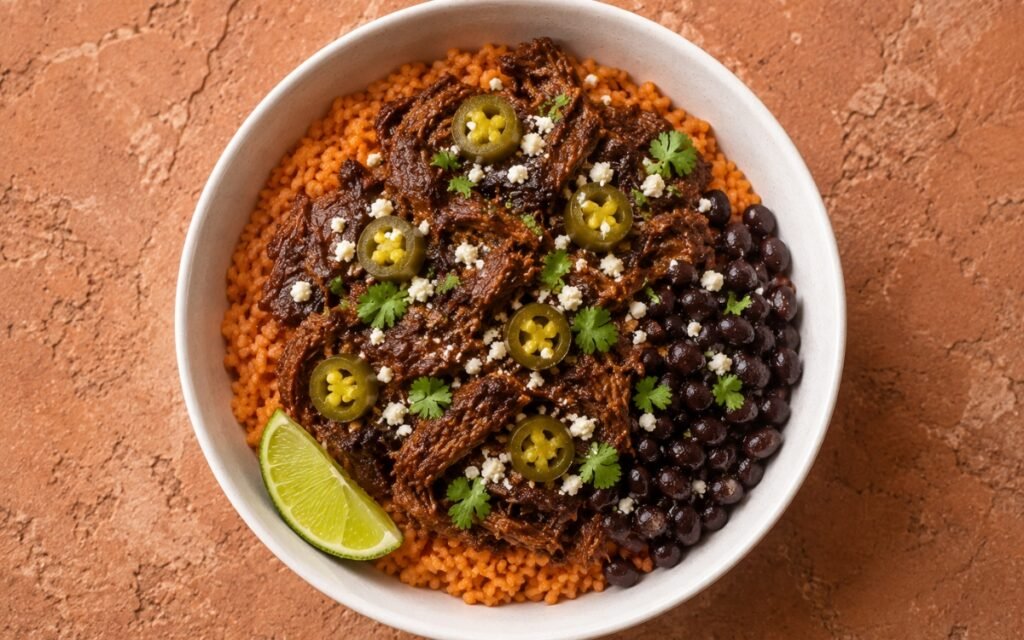 Mexican barbacoa rice bowl showing dark glossy shredded barbacoa beef over orange tomato rice with whole black beans, crumbled cotija, pickled jalapeño slices, and fresh cilantro on marble surface