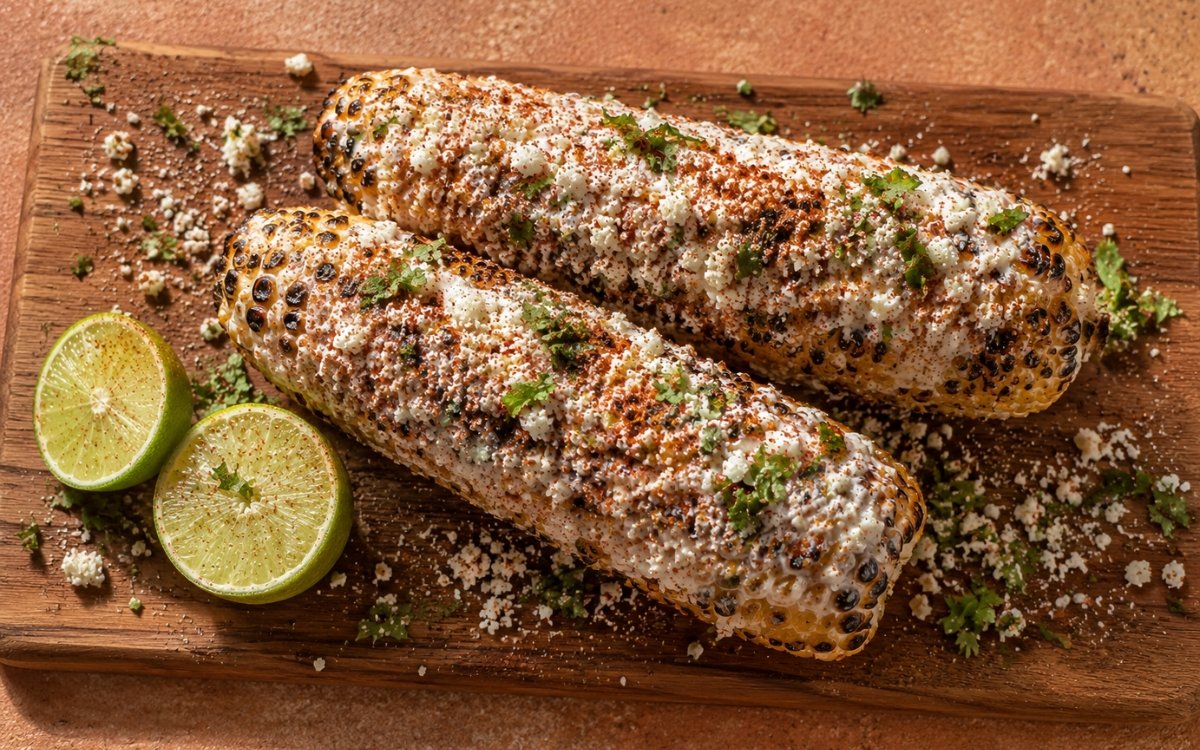 Grilled corn elotes on a wooden board showing charred corn cobs coated in creamy mayonnaise, crumbled cotija cheese, red-orange chilli dusting, fresh cilantro, and lime halves on marble surface