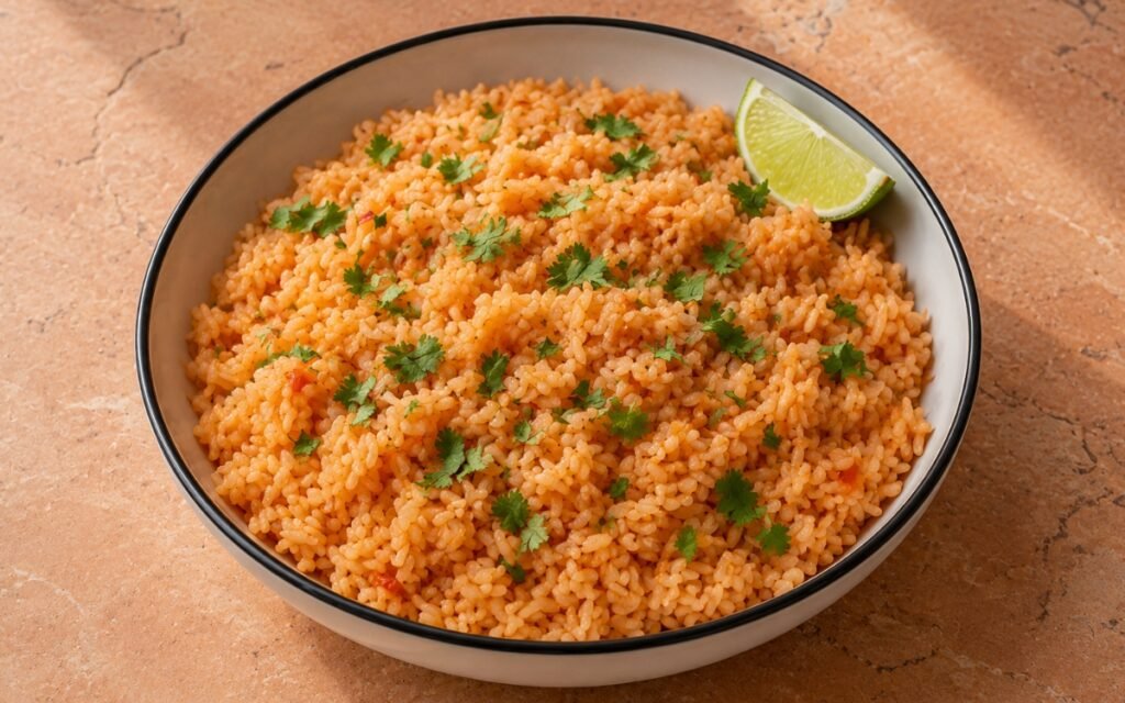 Orange-red Mexican rice in a skillet garnished with fresh cilantro and lime wedges on the side