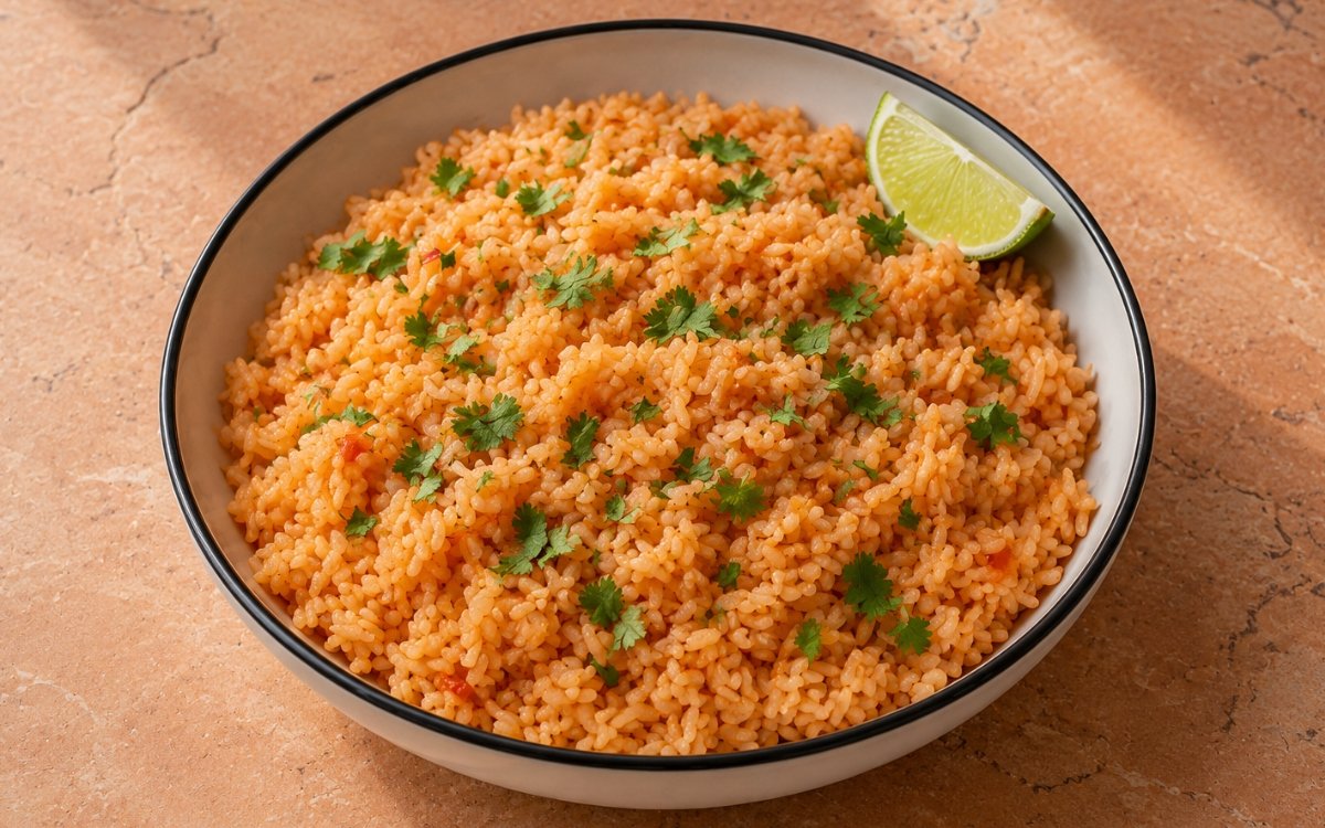 Orange-red Mexican rice in a skillet garnished with fresh cilantro and lime wedges on the side