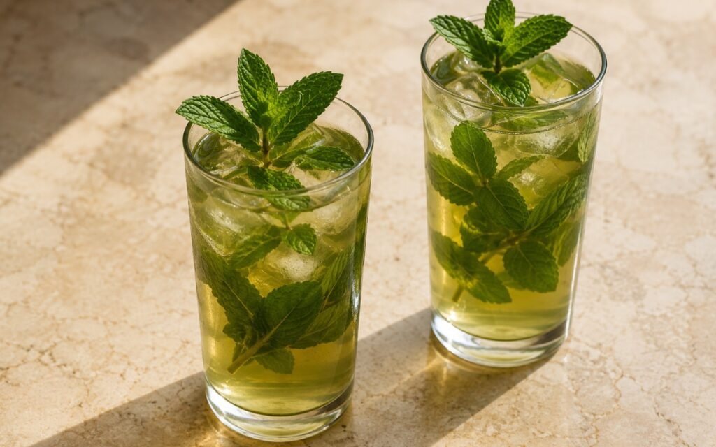 Mint green iced tea in a tall glass showing pale green still drink over ice with a fresh mint sprig on marble surface