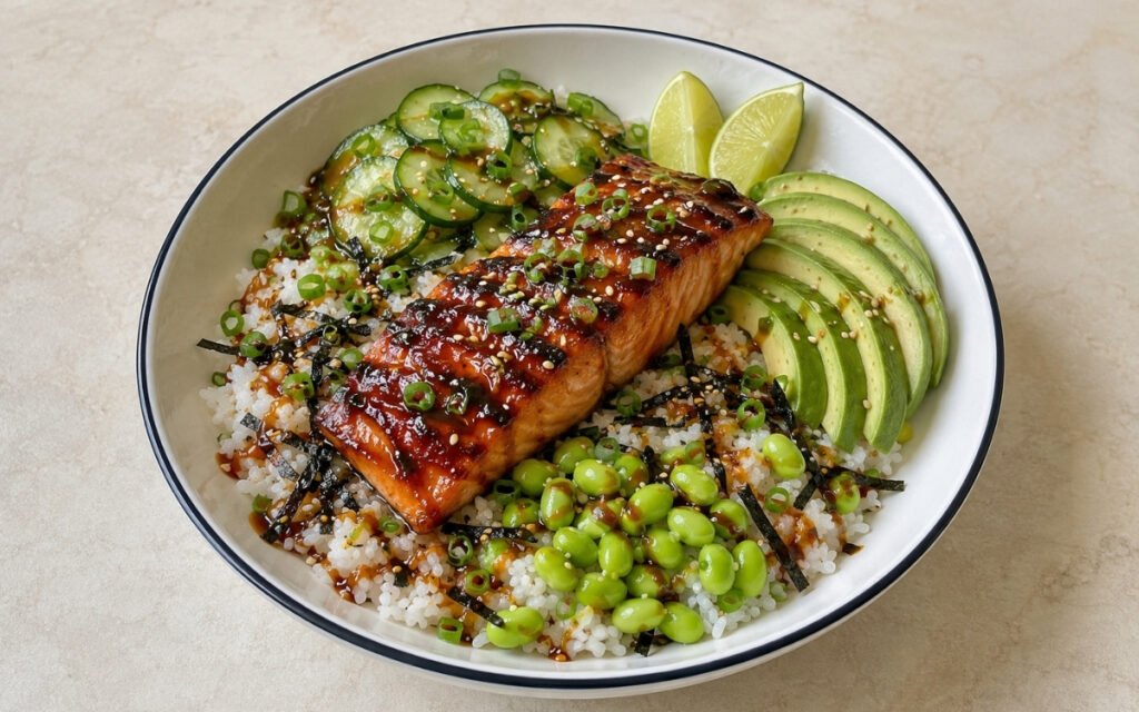 Miso glazed salmon bowl with caramelized amber miso salmon fillet over sushi rice with pickled cucumber, avocado, edamame, nori, scallions and sesame seeds in a white ceramic bowl with black rim