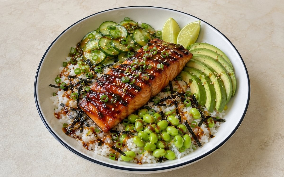 Miso glazed salmon bowl with caramelized amber miso salmon fillet over sushi rice with pickled cucumber, avocado, edamame, nori, scallions and sesame seeds in a white ceramic bowl with black rim