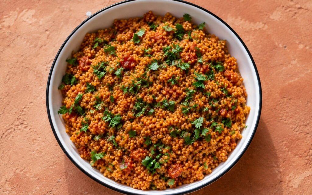 Moroccan-style tomato couscous in a white bowl showing golden, spiced grains with visible turmeric color and fresh herb garnish