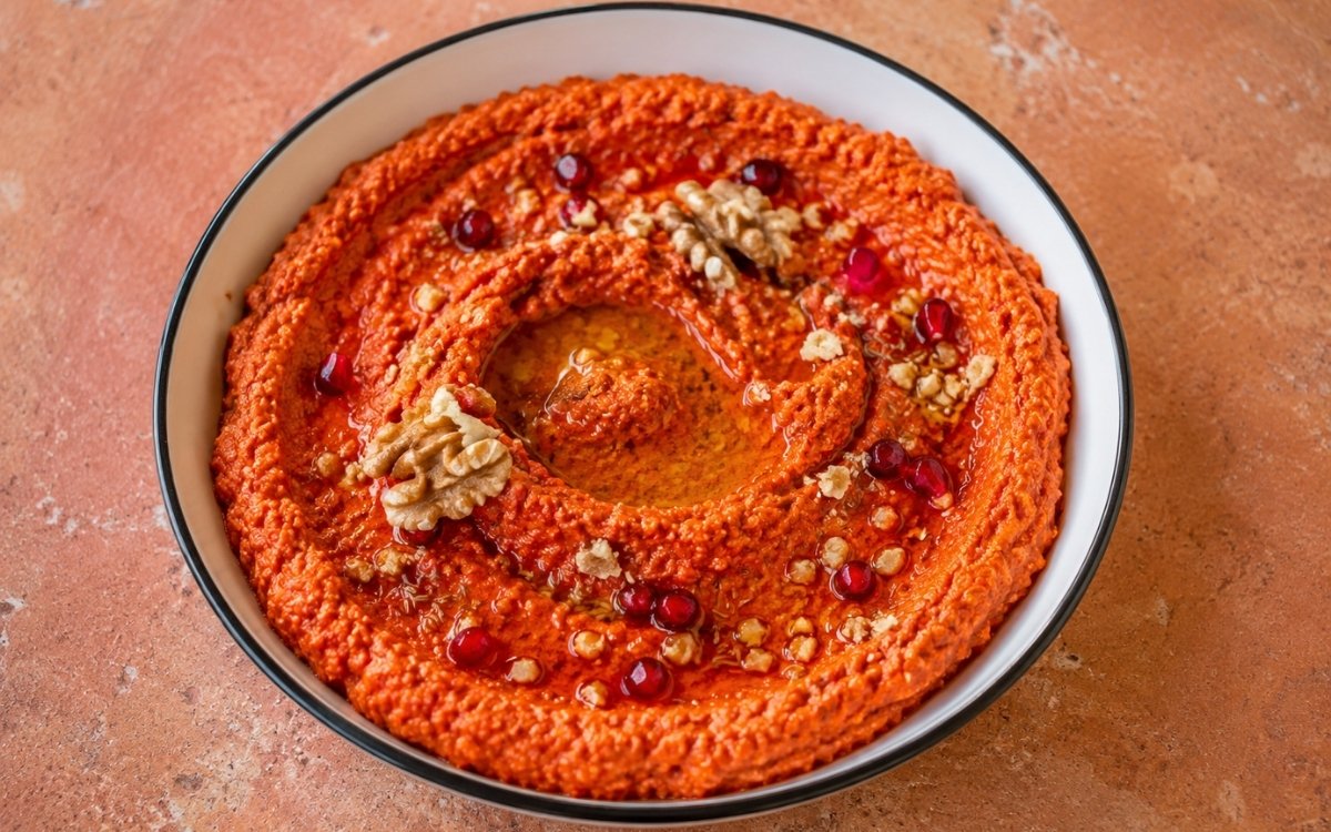 Muhammara in a wide white bowl showing deep red-orange colour with olive oil drizzle, pomegranate seed garnish, crushed walnuts, toasted cumin seeds, and pomegranate molasses drops on marble surface