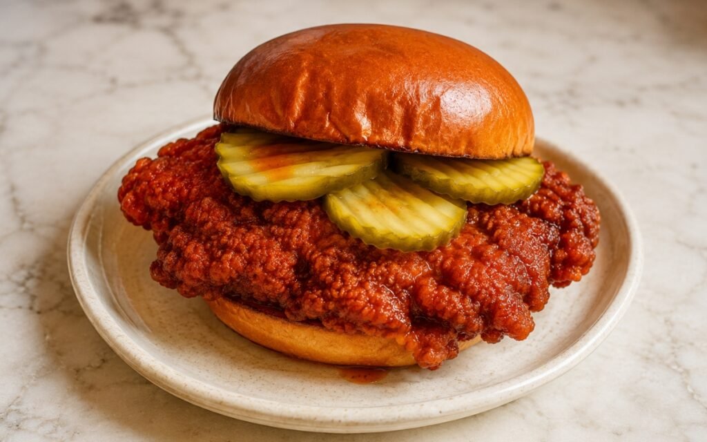 Nashville hot chicken sandwich showing a glossy fiery red-orange glazed fried chicken thigh with crinkle-cut dill pickles on a toasted brioche bun on marble surface