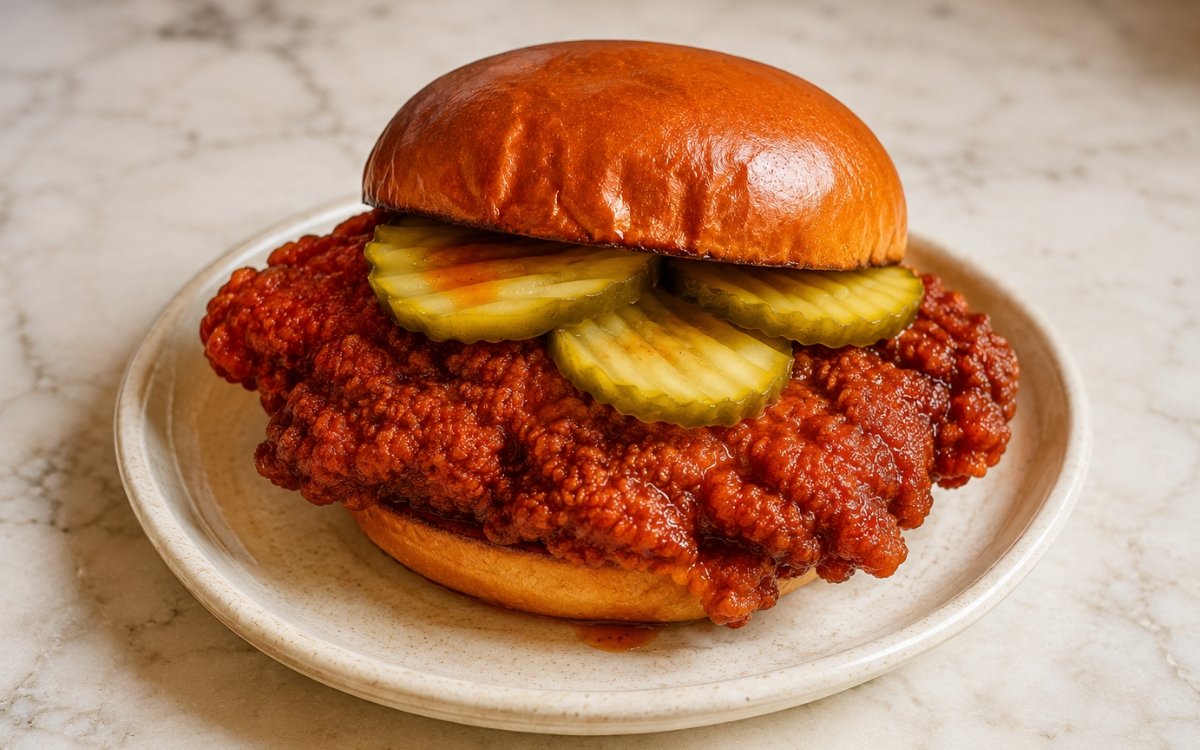 Nashville hot chicken sandwich showing a glossy fiery red-orange glazed fried chicken thigh with crinkle-cut dill pickles on a toasted brioche bun on marble surface
