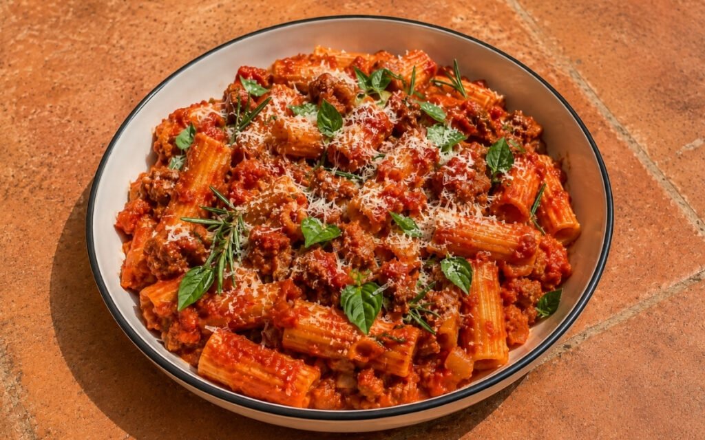 One-pan sausage tomato pasta with rigatoni in glossy deep red San Marzano tomato sauce, crumbled Italian sausage, yellow onion, fresh rosemary, Pecorino Romano and torn basil in a white ceramic bowl with black rim